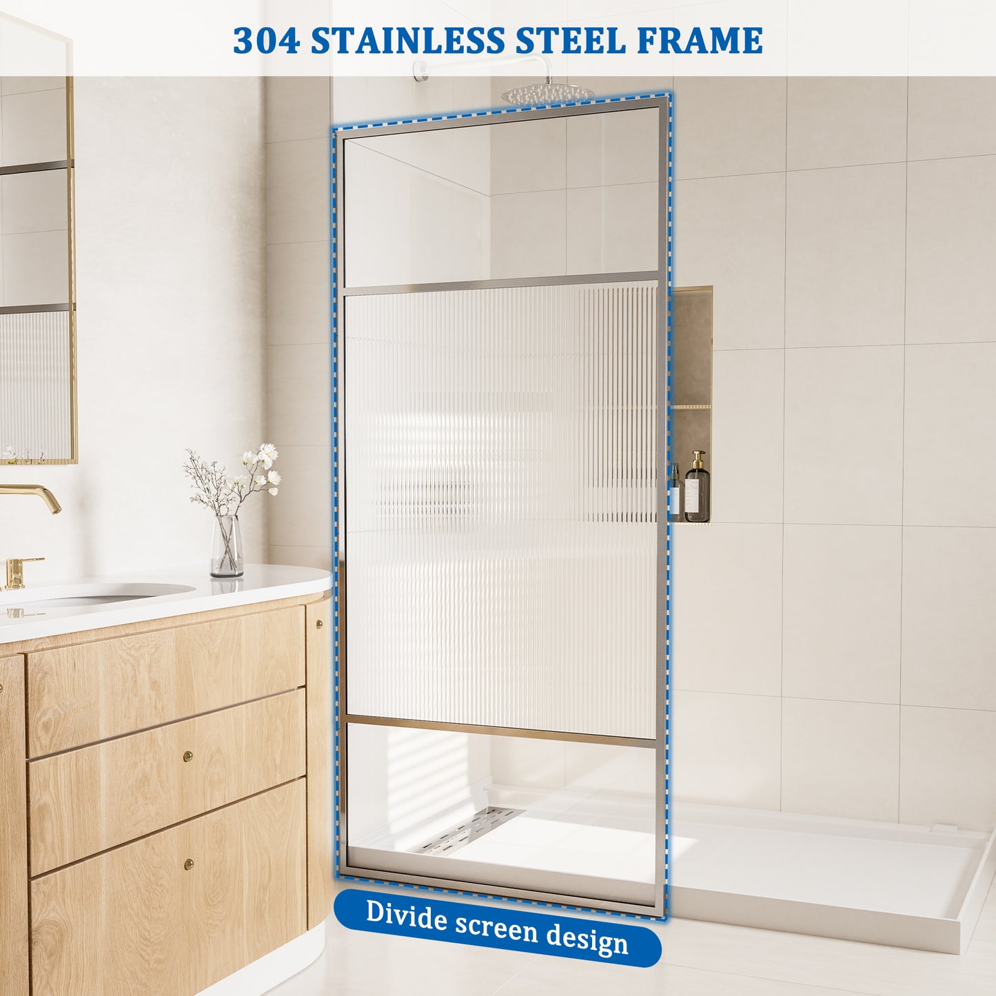 34 in W x 74 in H x 0.687 in. D Fixed Single Panel Shower Door in Brushed Nickel/Brushed Gold with Clear Glass and Frame