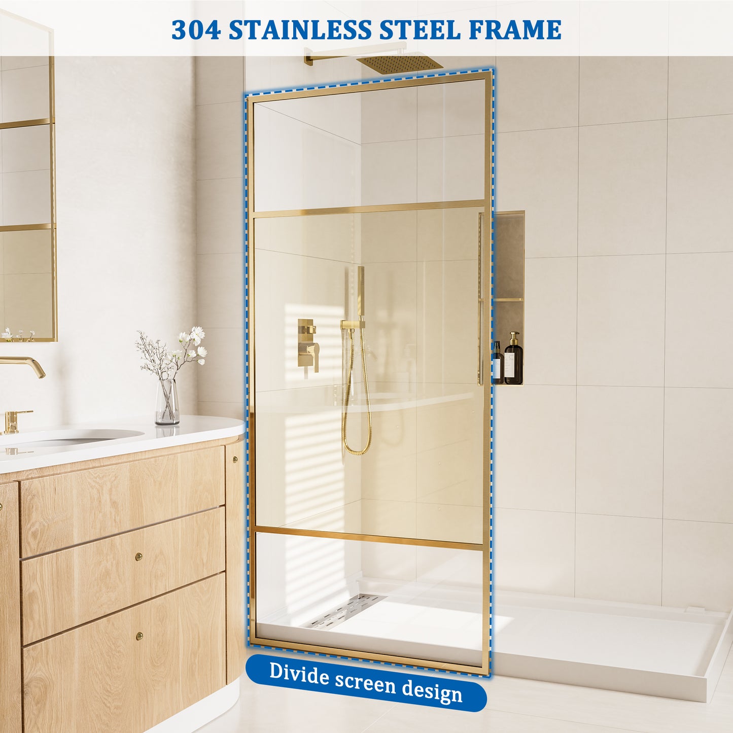 34 in W x 74 in H x 0.687 in. D Fixed Single Panel Shower Door in Brushed Nickel/Brushed Gold with Clear Glass and Frame