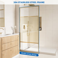 34 in W x 74 in H x 0.687 in. D Fixed Single Panel Shower Door in Brushed Nickel/Brushed Gold with Clear Glass and Frame